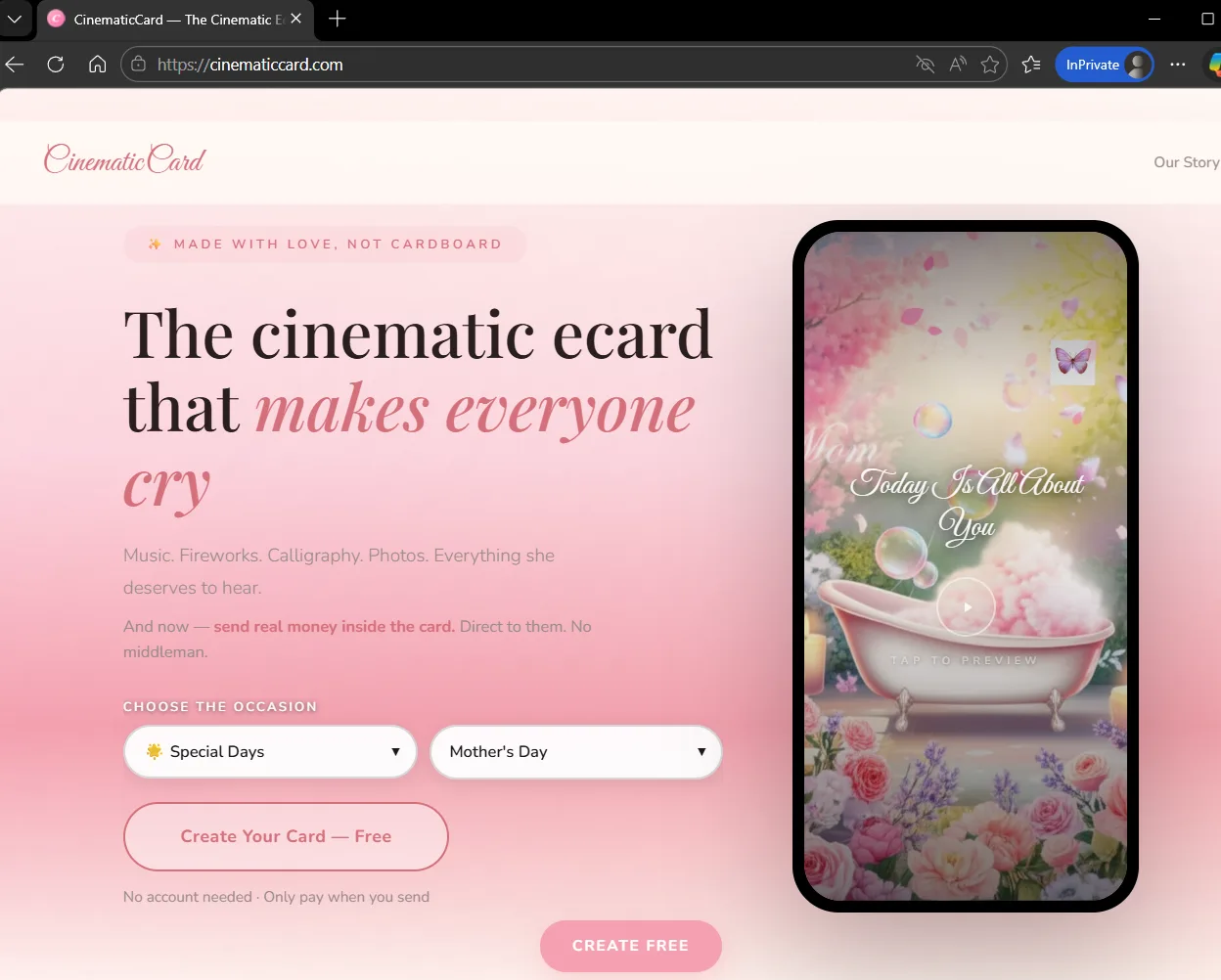 CinematicCard landing page showing occasion selector and live card preview