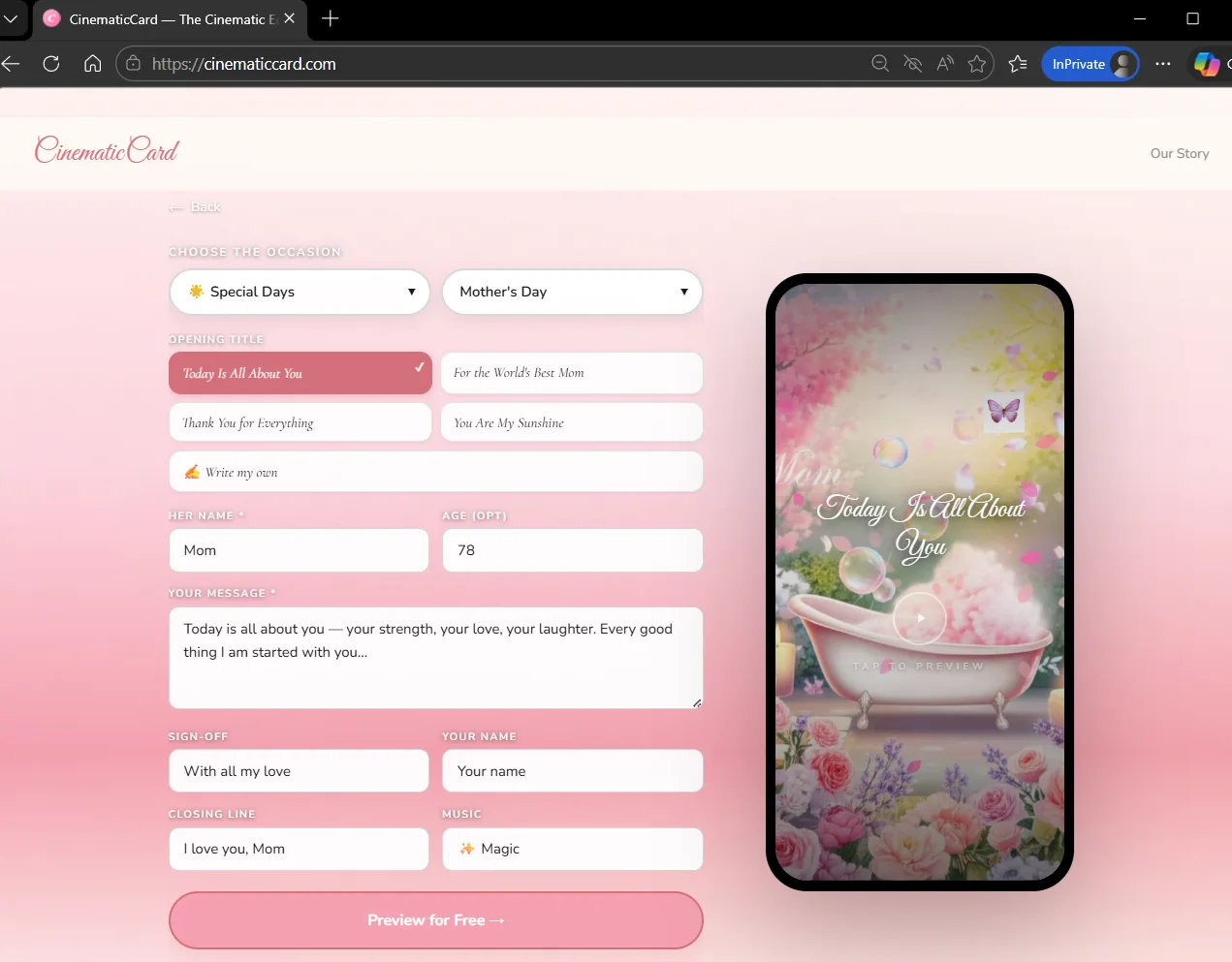 Card builder form with message fields and live preview