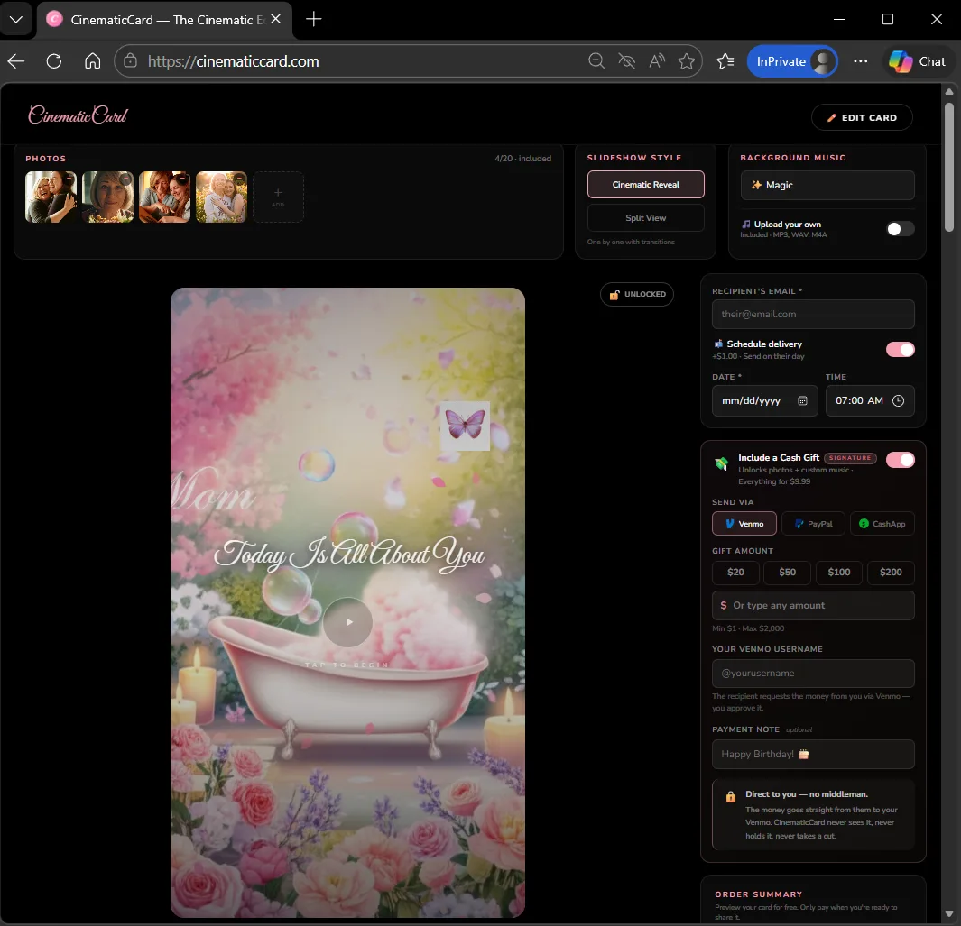 Full cinematic card preview with music and animations
