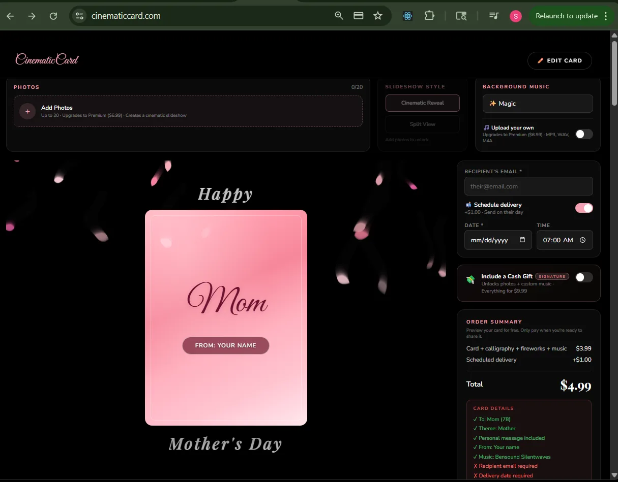 Checkout panel with photos, music, scheduling, and cash gift options