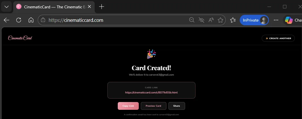 Card created success page with shareable link