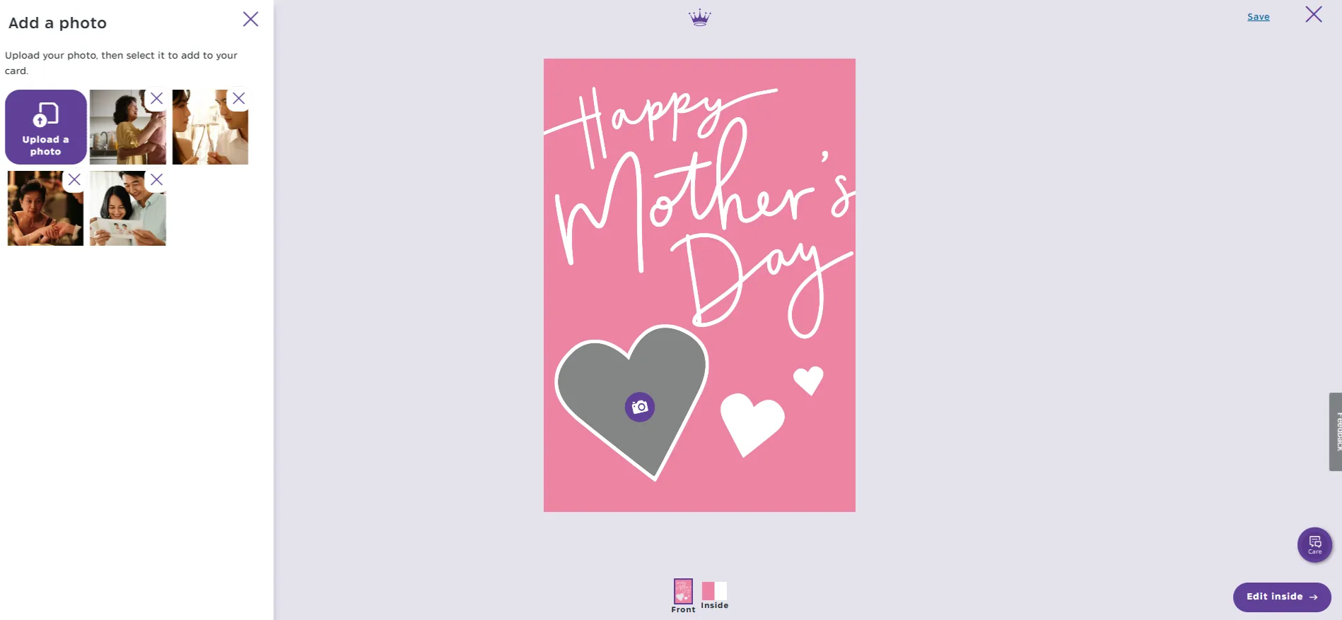 Hallmark card editor with uploaded photos beside a design’s heart-shaped photo space