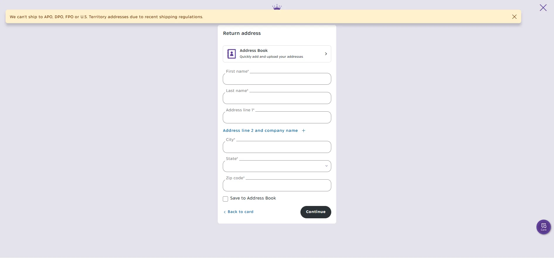 Hallmark return address form for a customized card