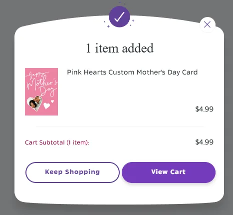 Hallmark cart confirmation for a customized Mother’s Day card at $4.99