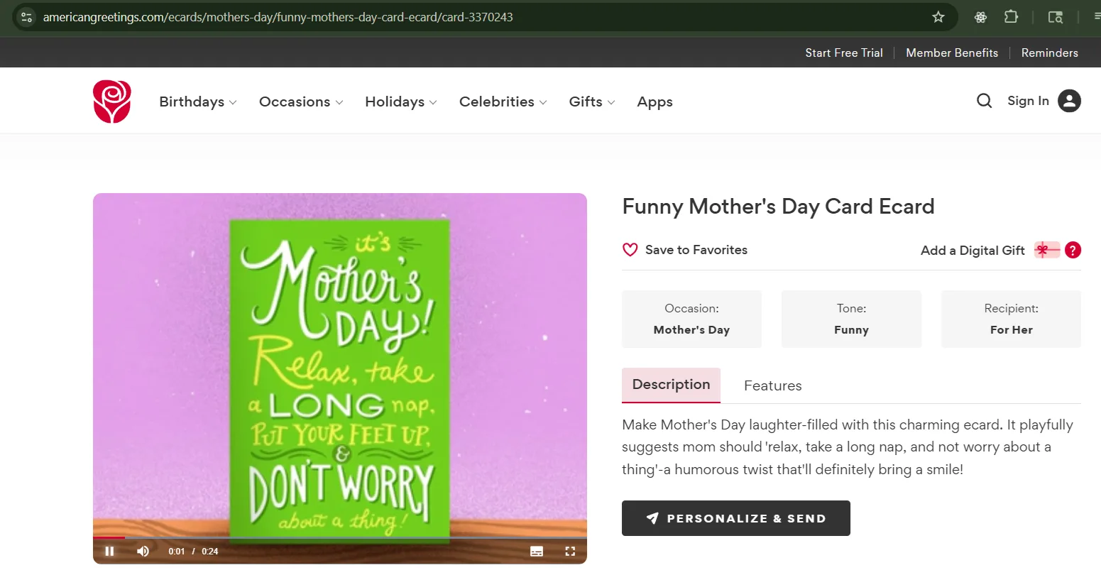 American Greetings Funny Mother’s Day ecard page with a Personalize and Send button