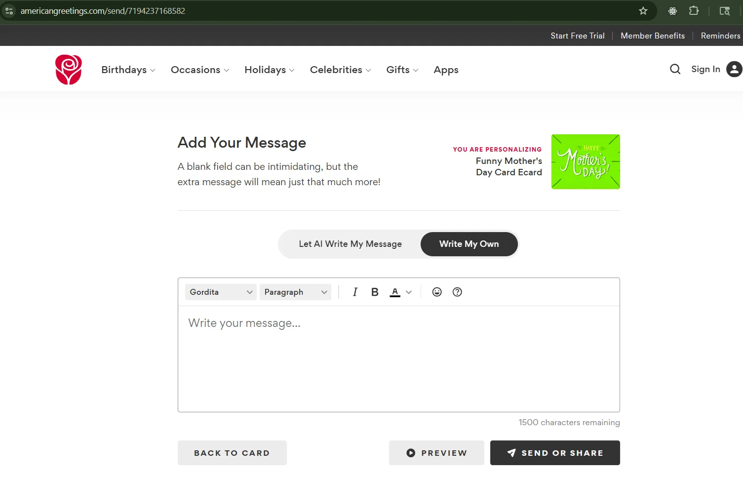 American Greetings Add Your Message editor with Write My Own and AI options
