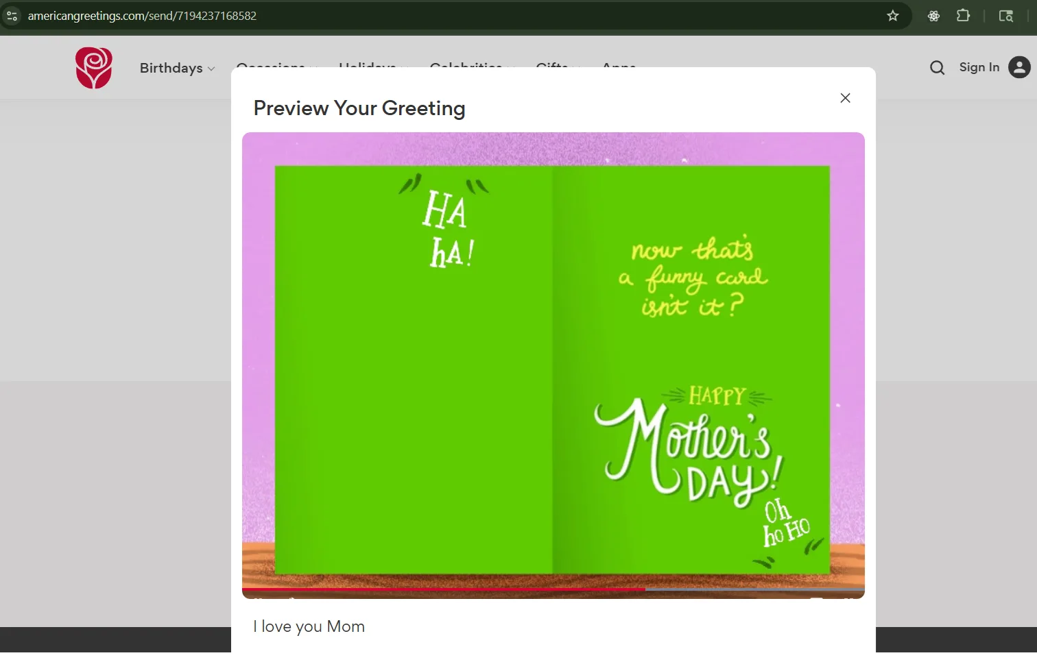 American Greetings ecard preview with the card opened mid-animation