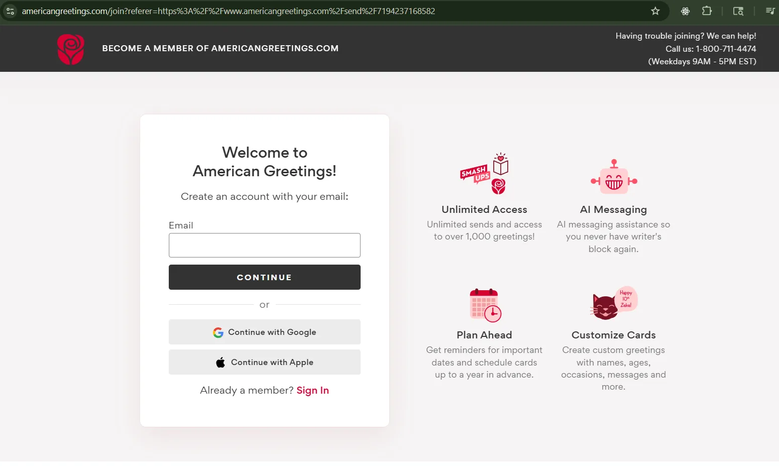 American Greetings create an account screen listing member benefits