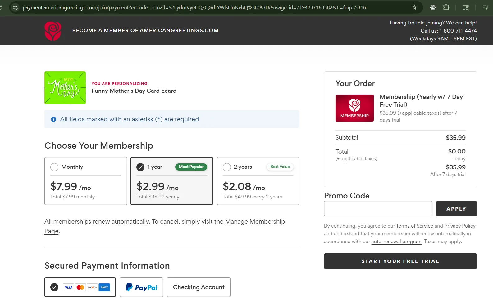 American Greetings membership options with a 7-day free trial