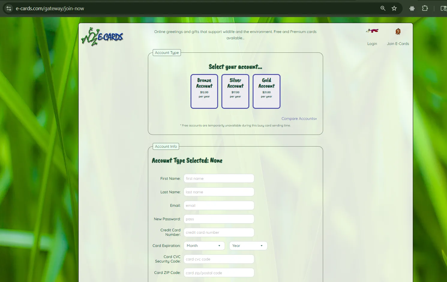 An example ecard site account sign-up form with account levels