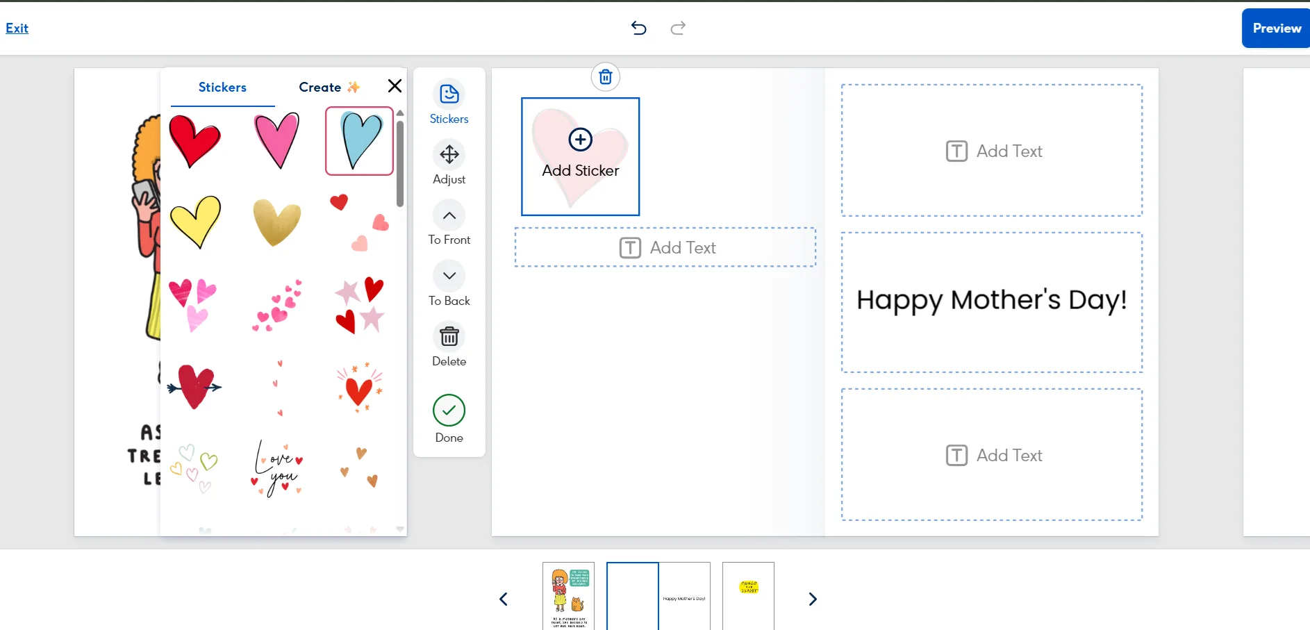 Moonpig editor with a sticker panel and text boxes inside a card