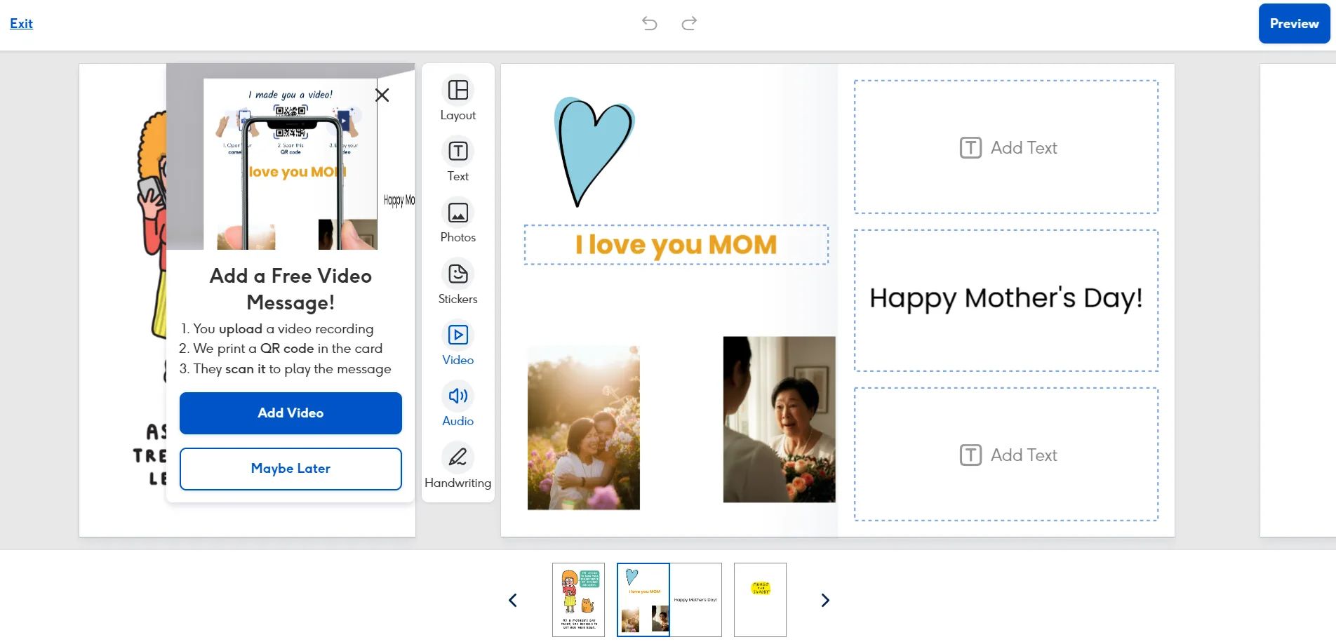 Moonpig prompt to add a free video message played from a QR code