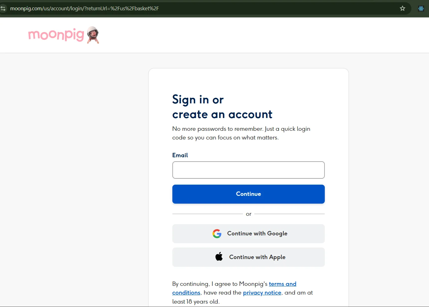 Moonpig sign in or create an account screen