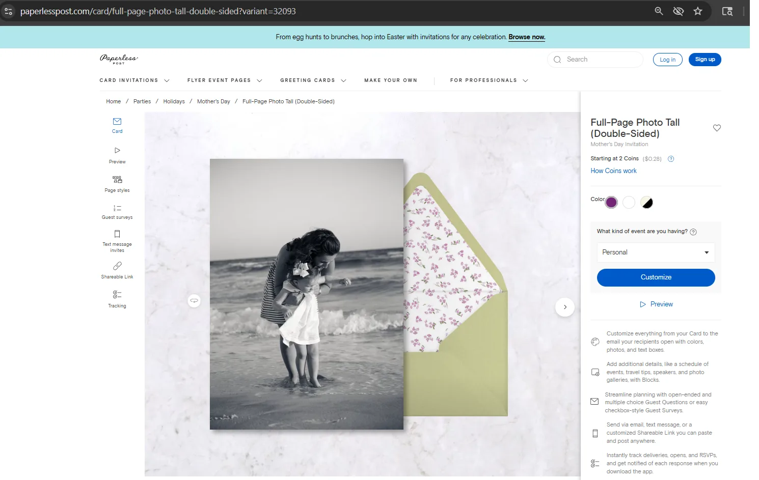 Paperless Post Full-Page Photo card design with a Customize button