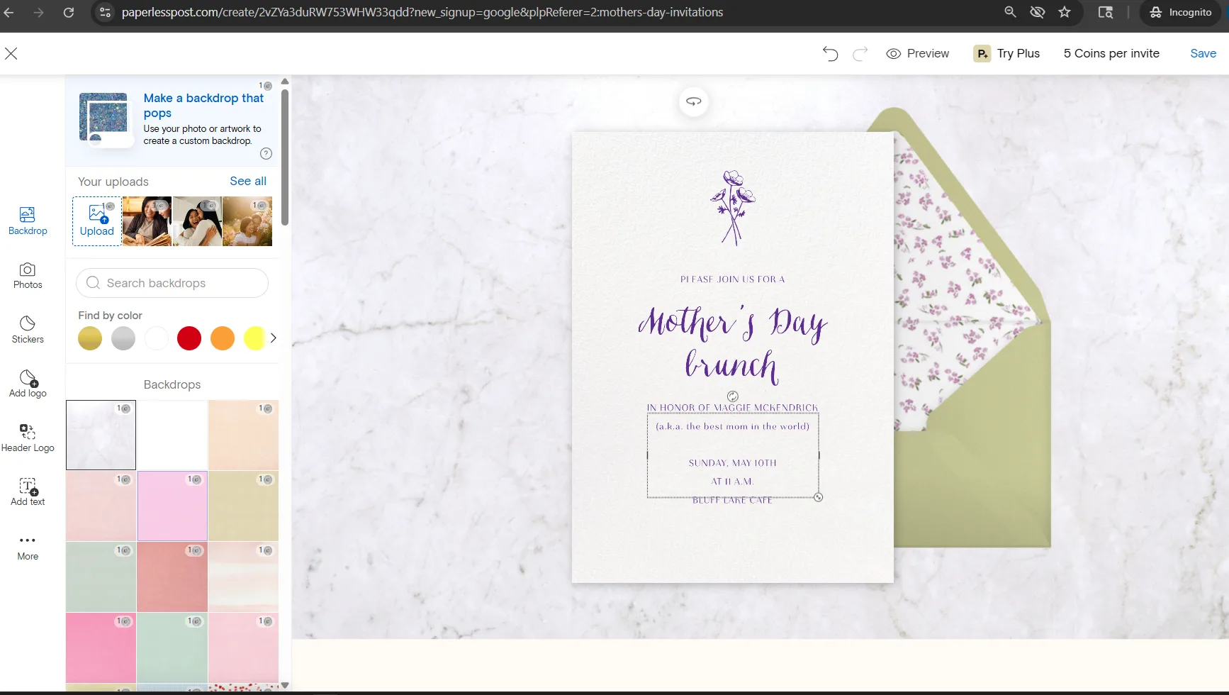Paperless Post editor customizing a Mother’s Day brunch invitation