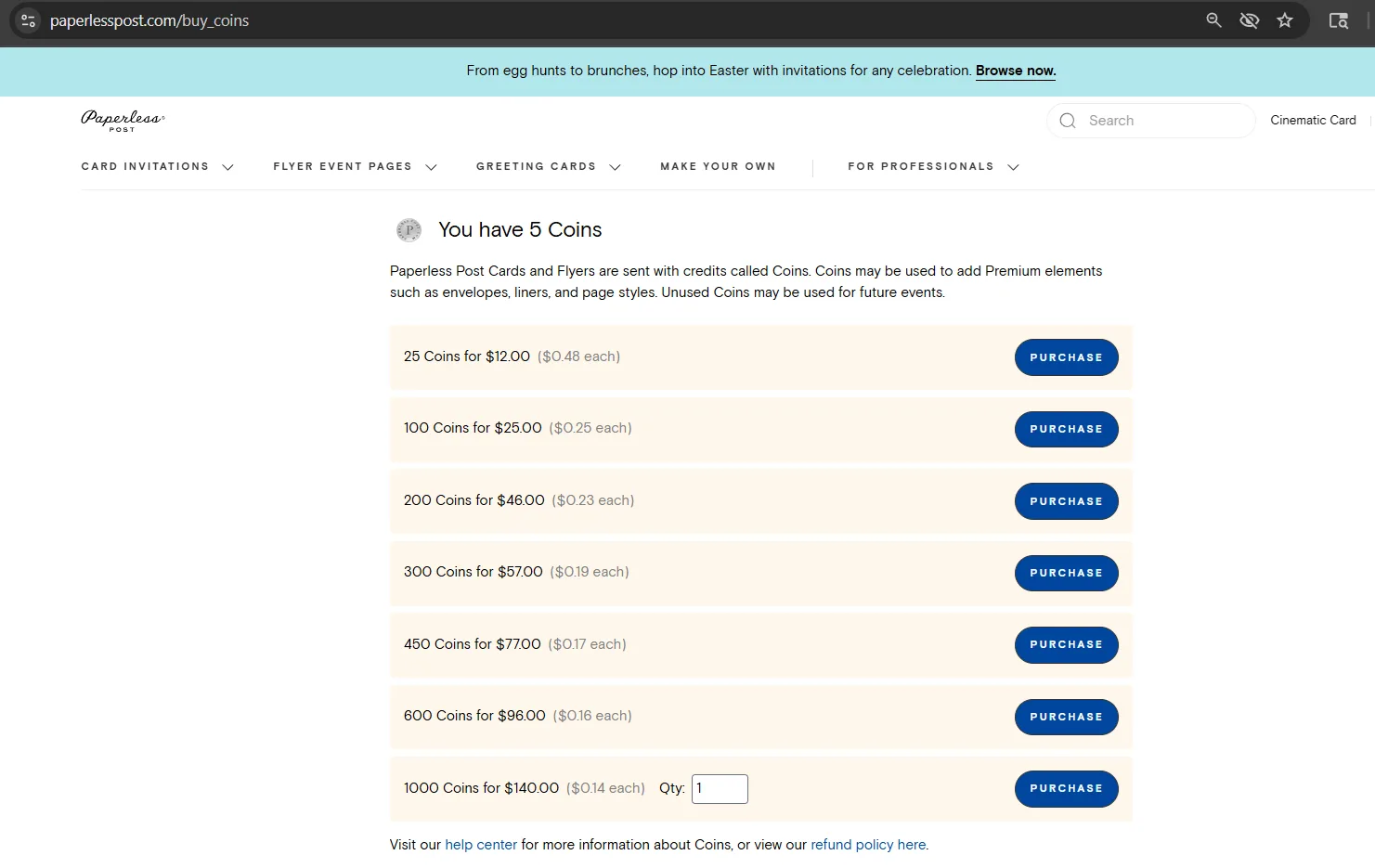 Paperless Post page listing Coin packs for purchase