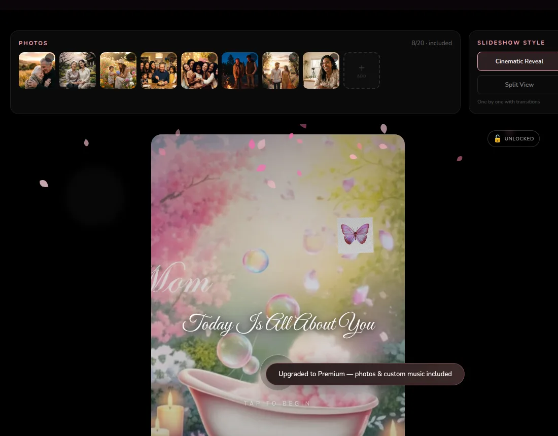 CinematicCard builder with eight photos chosen from a phone above the card preview