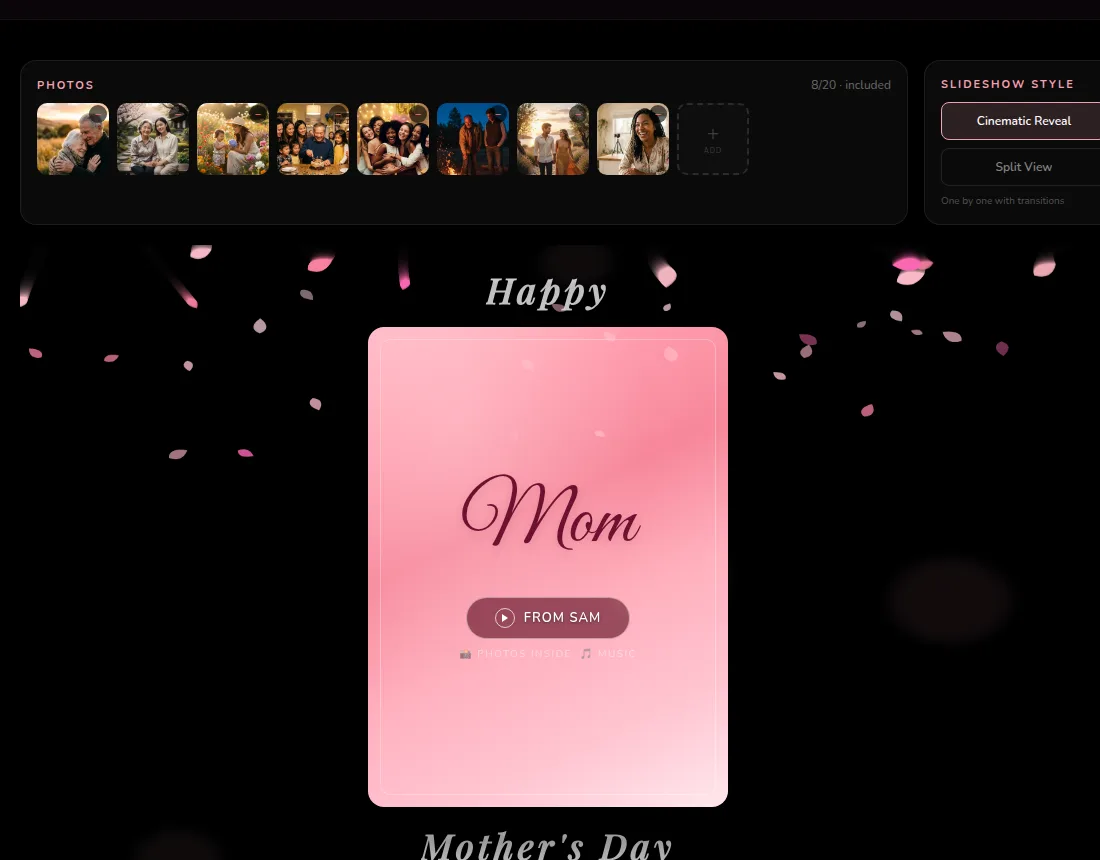 CinematicCard preview of a sealed Mother’s Day card for Mom, from Sam