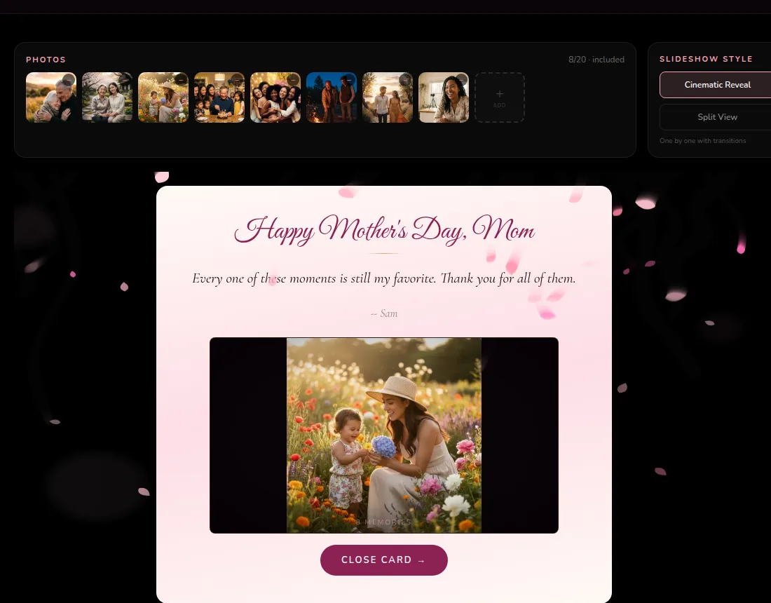 An opened CinematicCard showing a photo of a mother and young child in a flower field