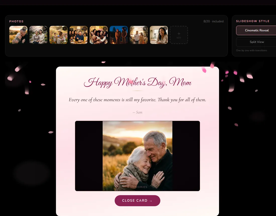 An opened CinematicCard showing a photo of an older couple embracing beneath a personal message