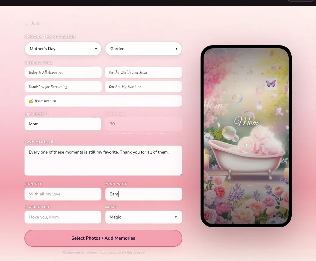 CinematicCard form with the name Mom, a personal message and a music choice