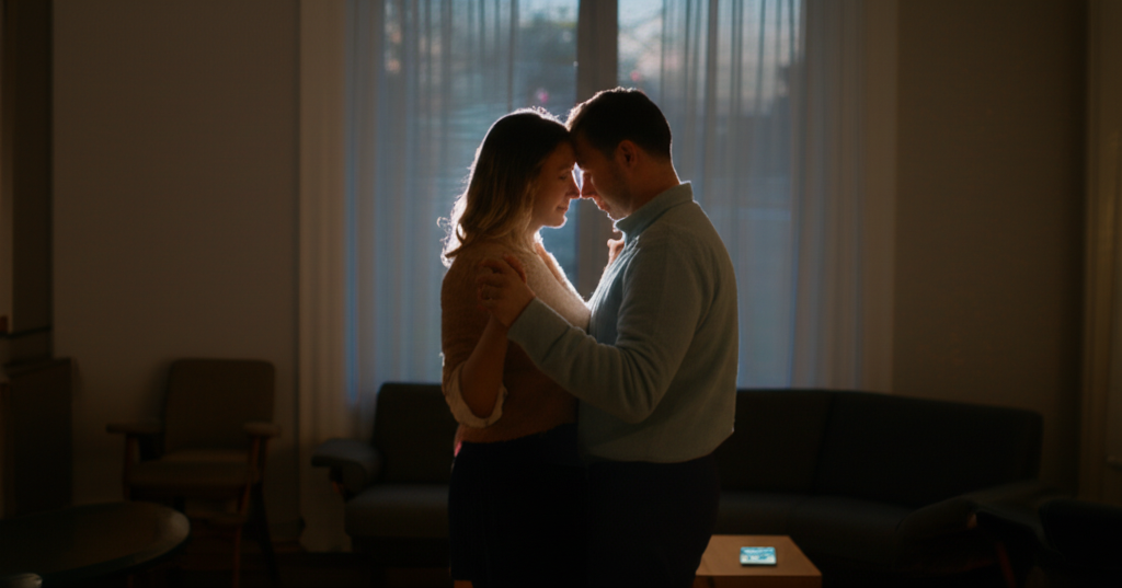 A couple slow dancing in their living room after sharing a card