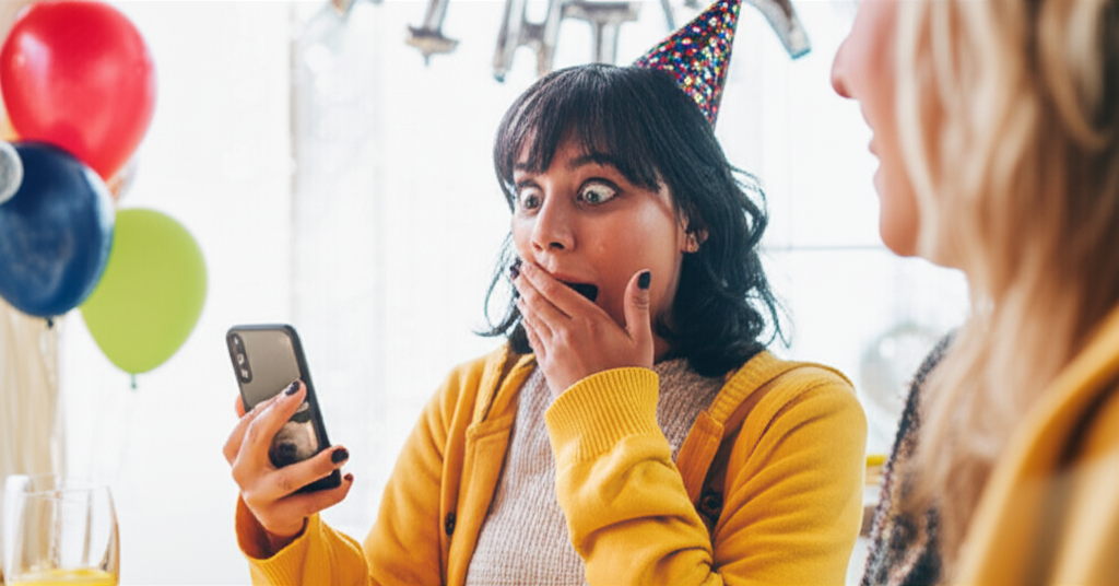 A woman surprised and moved by her birthday card