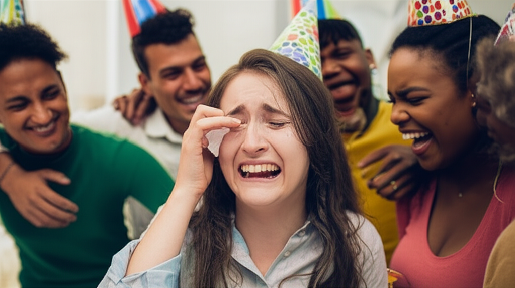 Friends celebrating as the birthday girl cries happy tears