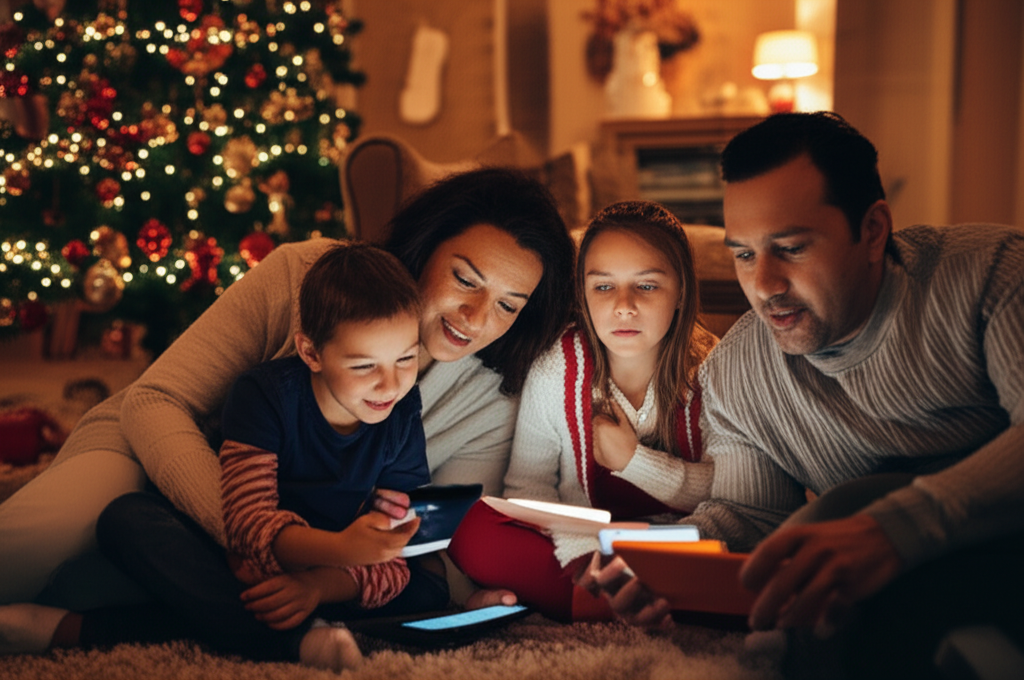 A family gathered around the Christmas tree watching a card together