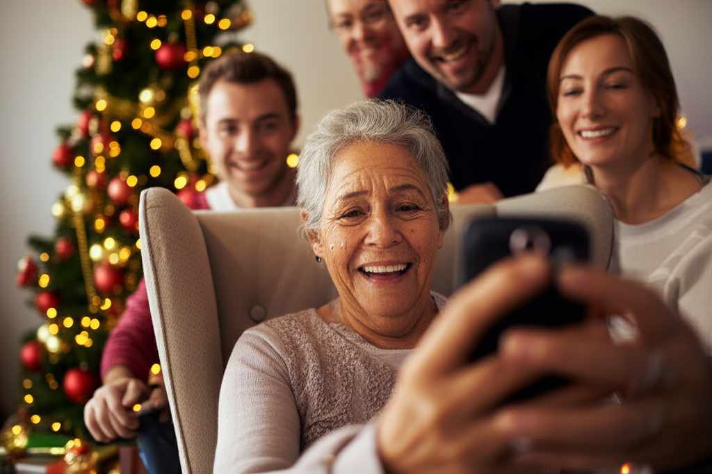 A grandparent tearing up by the Christmas tree