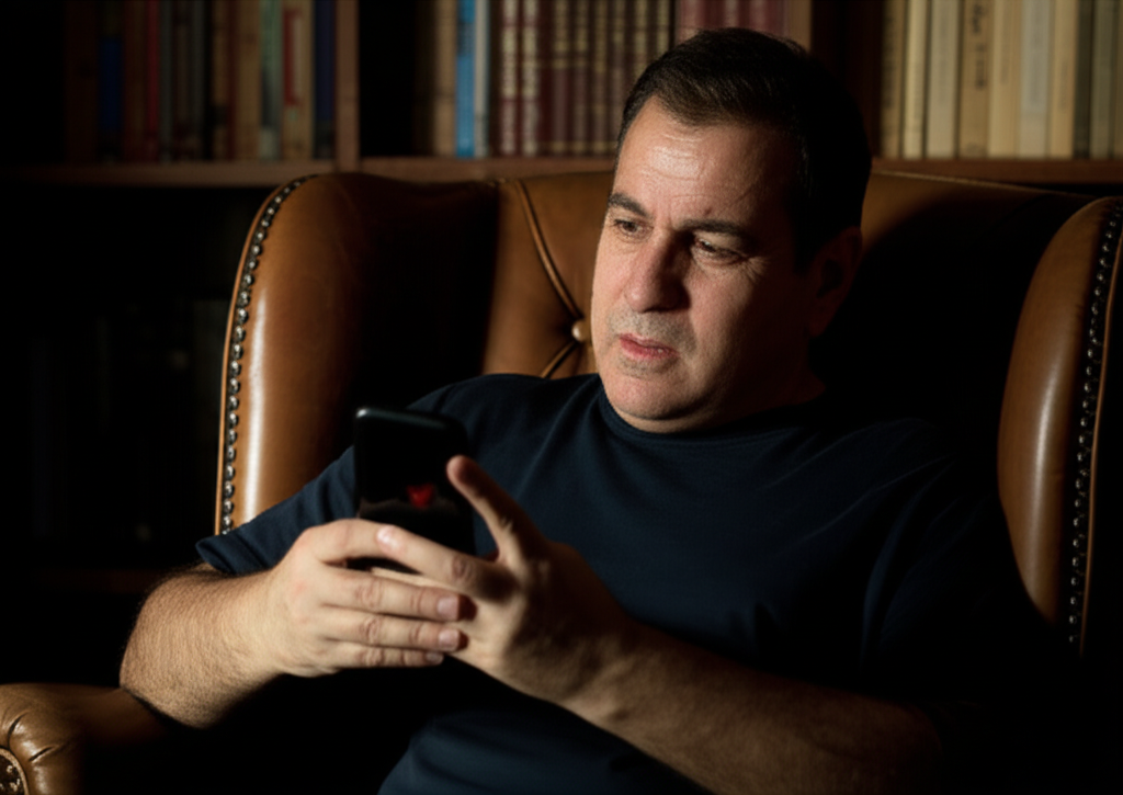 A father getting emotional looking at his phone