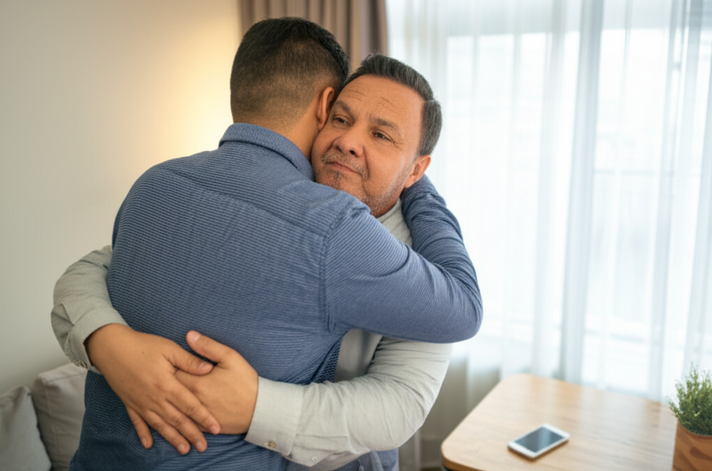 A father and son sharing an emotional embrace
