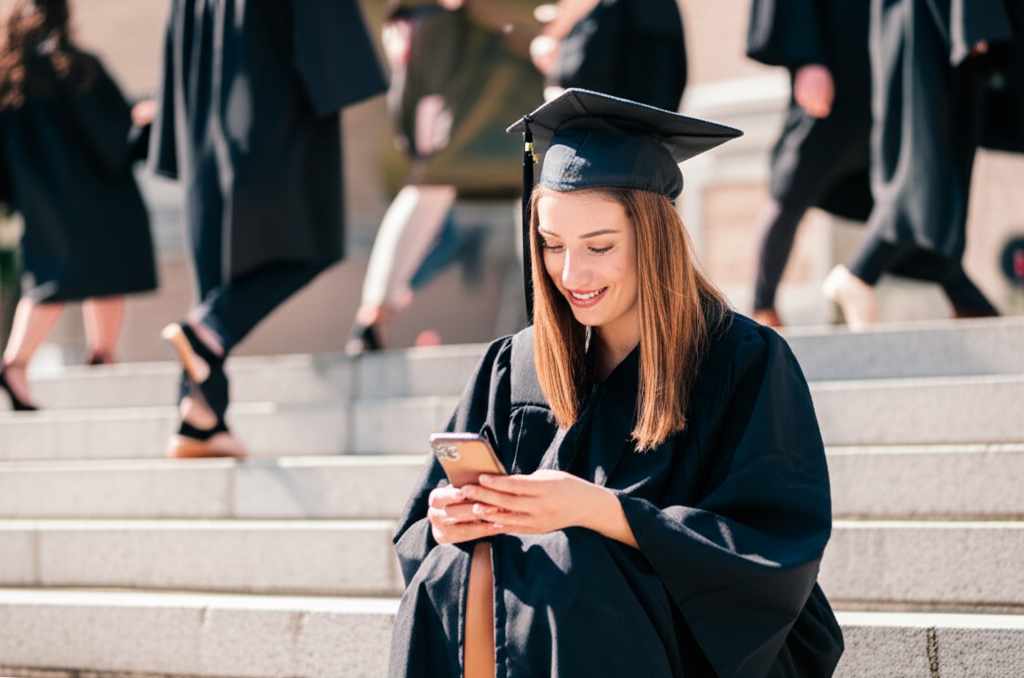 A graduate reading their card with proud tears