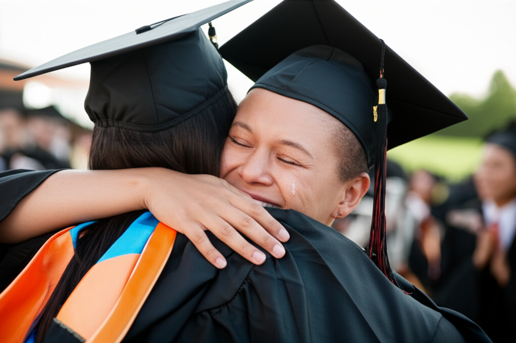 A graduate and parent sharing an emotional embrace
