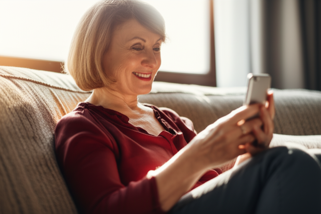 A mother looking at her phone with tears of joy