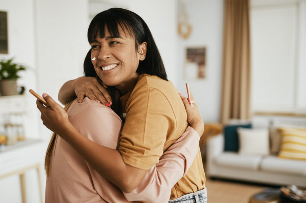 A mother and daughter embracing after opening a CinematicCard