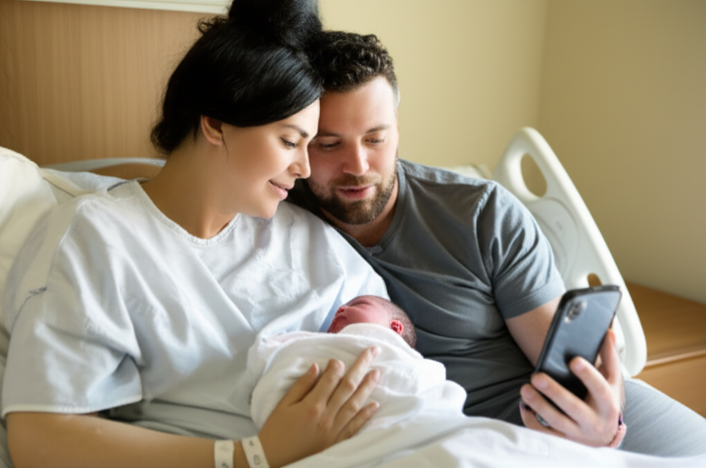 New parents reading a card together with their newborn