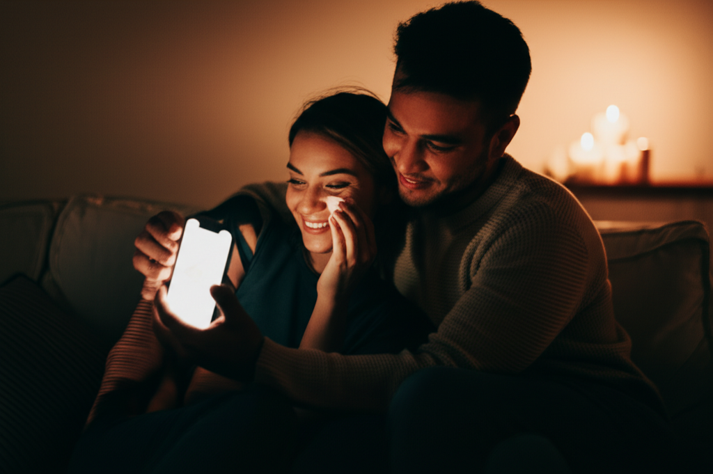 A couple sharing a tender embrace after reading a Valentine card